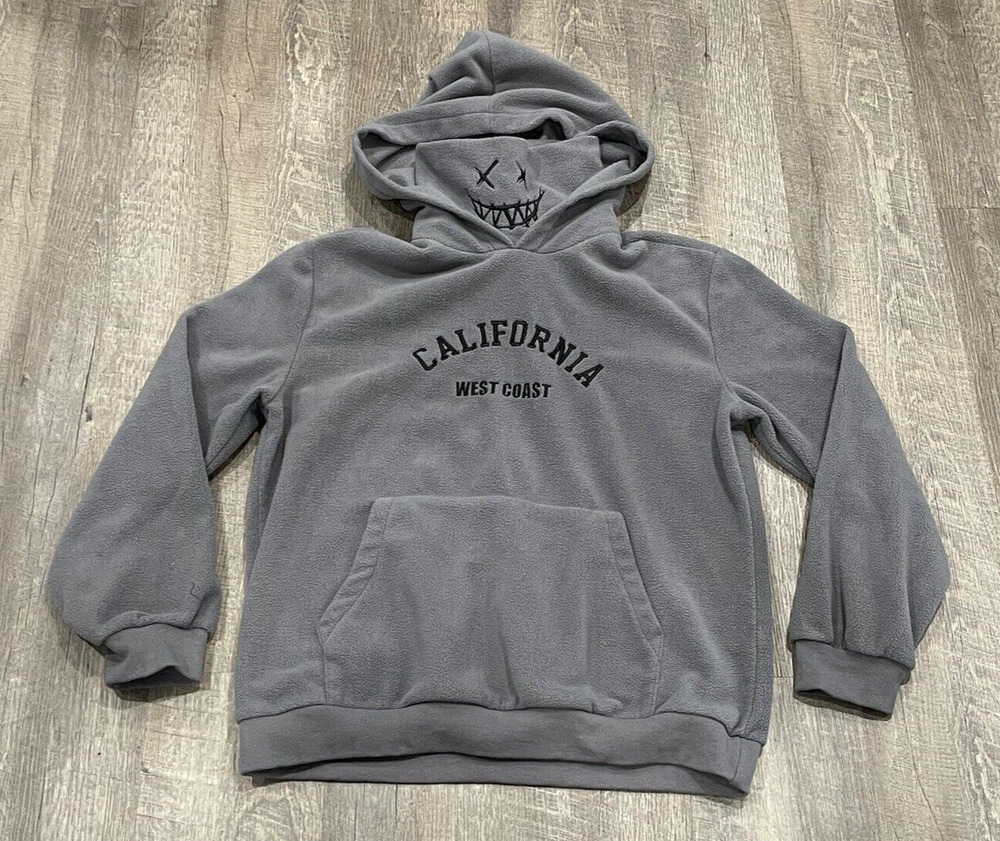 ZAFUL for Junior Letter Graphic Embroidered Fleece Mask Hoodie LARGE Gray
